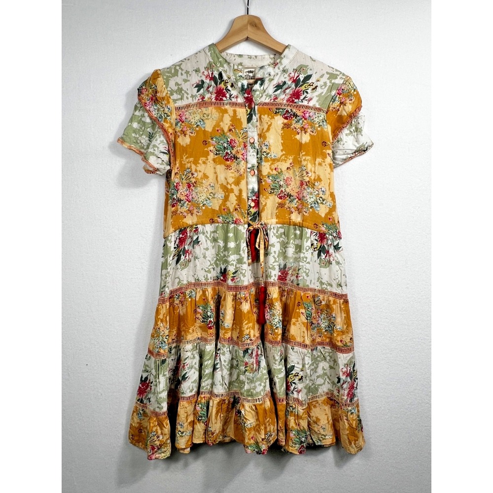JAK Floral Tiered Ruffle Boho Sundress Cottagecore Tasseled M‎